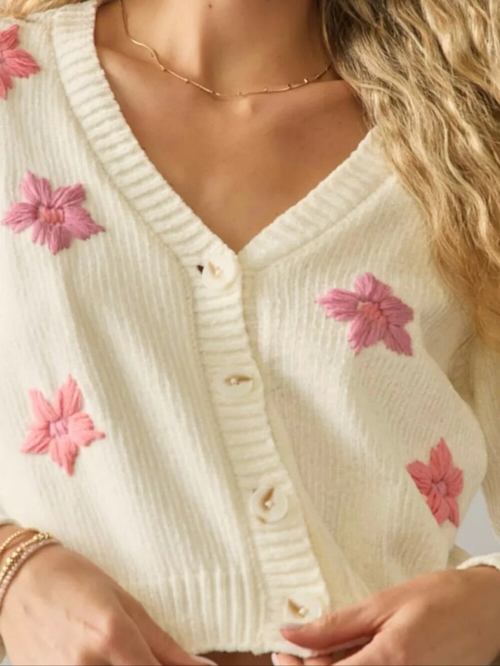 AUDREY PARIS-Francesca's Ivory Knit Floral Button Up Sweater Sz Med - Picture 2 of 7